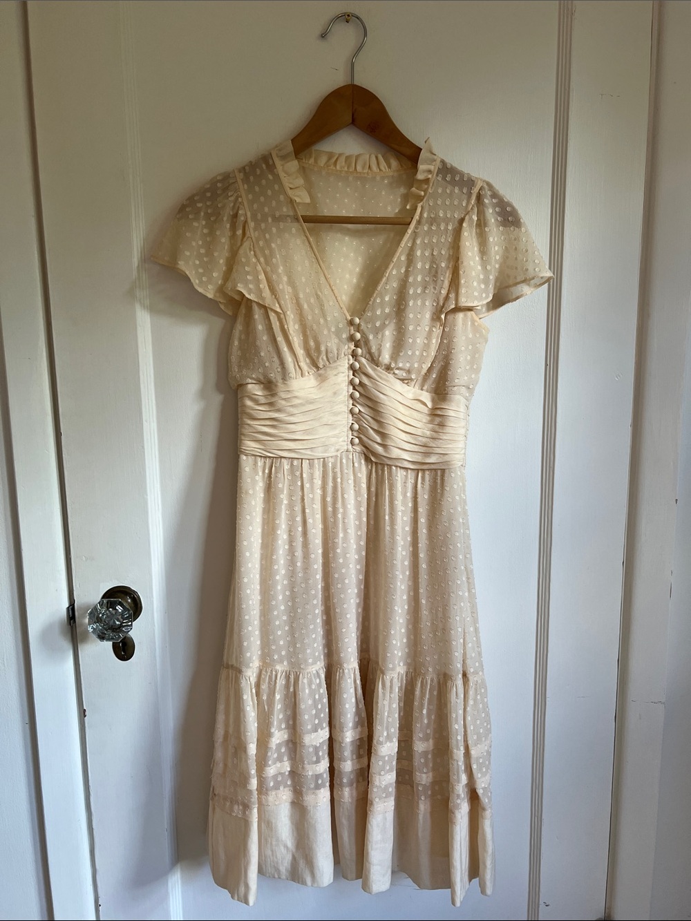 BCBGMaxAzria Cream Swiss Dot Silk Midi Tea Dress